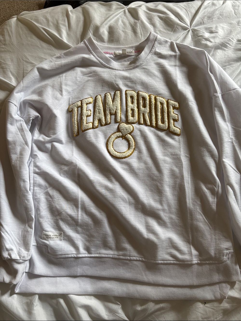 Simply Southern White Sweatshirt with Gold "Team Bride" Applique